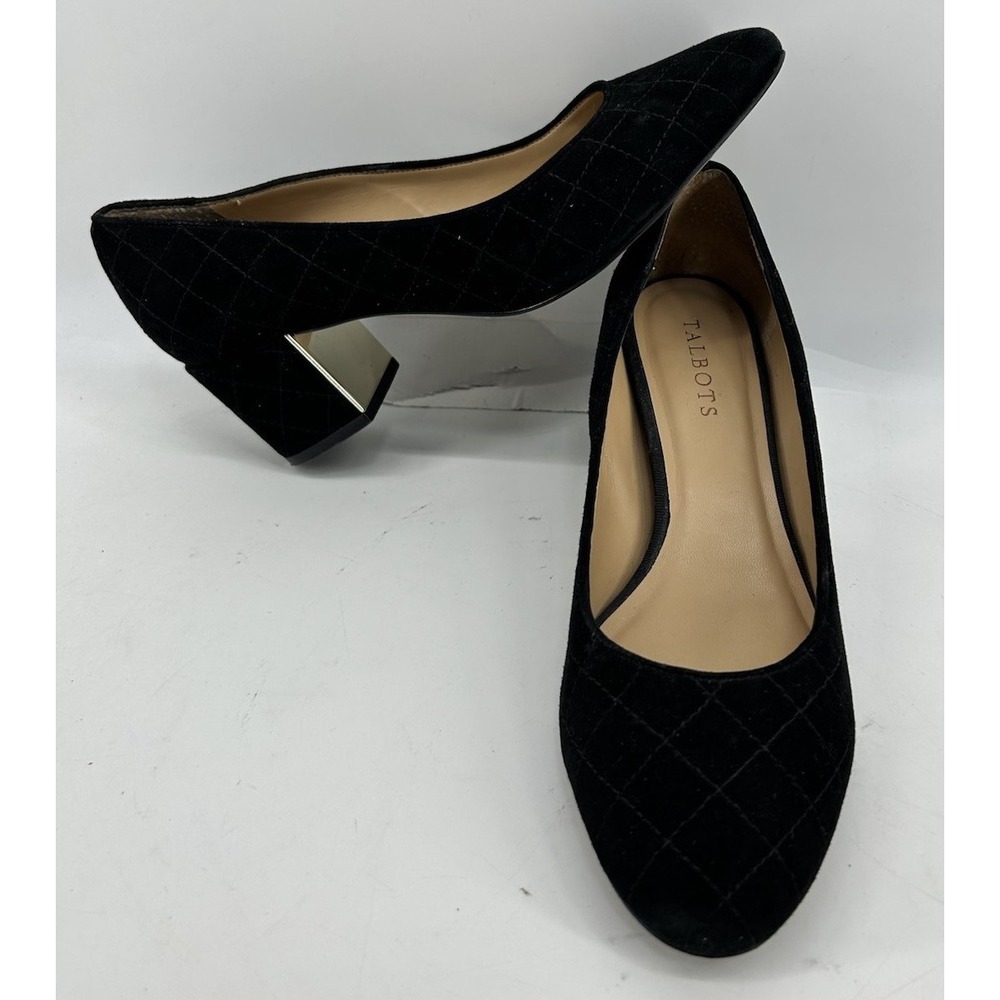Talbots Isa Suede Block Heel Pumps Quilted Stitch Design Black Women's Size 8.5M